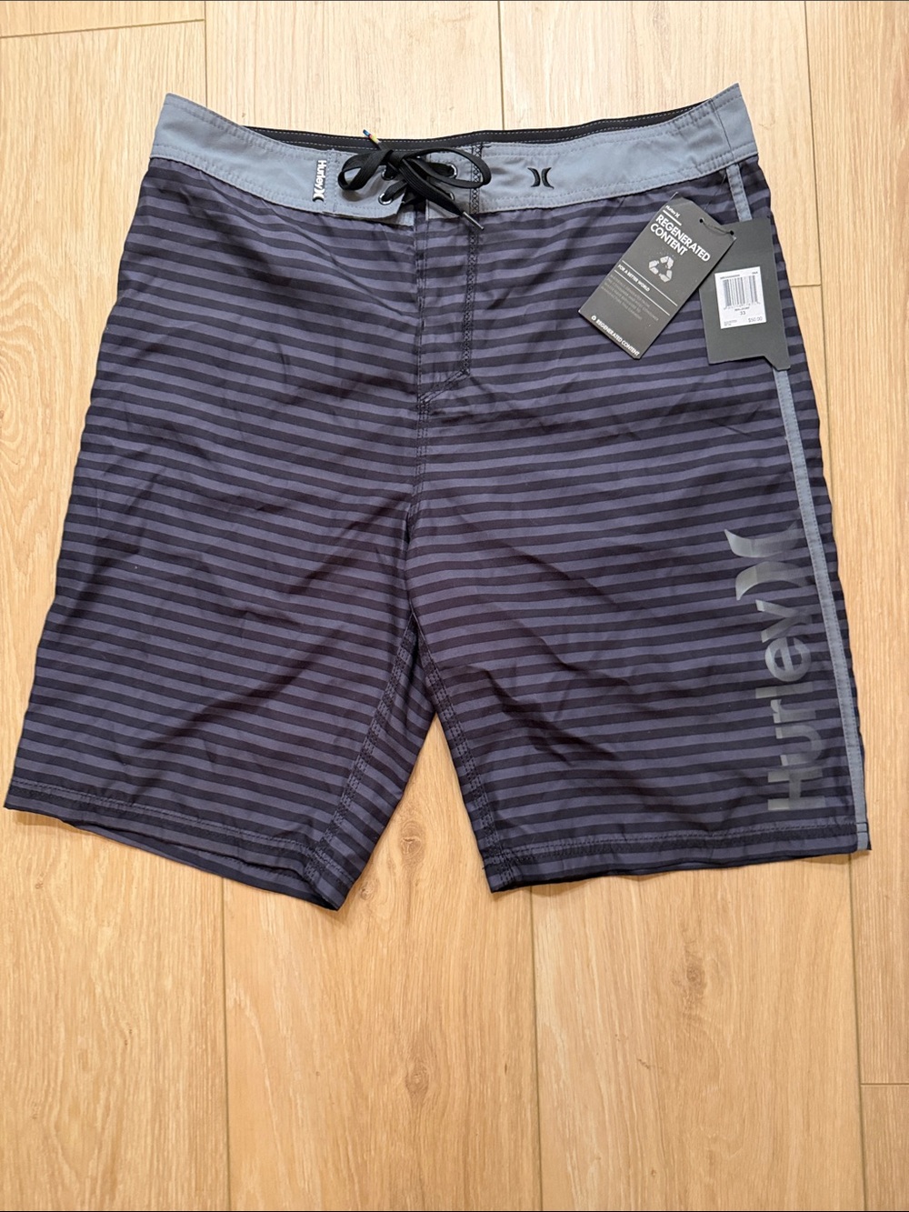 Hurley Men's Black and Gray Striped Board Shorts with Lace Waist